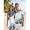 Vacation Couple Outfit Asymmetrical Floral Leaf Pattern Ruched Bust Belt Sweetheart Neck A Line Mini Dress and Button Up Shirt Casual Matching Outfit - Bleu gris S | US 4