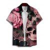 Men's Skulls Spider Web Rose Leaf Pattern Gothic Shirt Button Up Roll Up Short Sleeve Holiday Shirt - LIGHT PINK 5XL