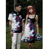 Gothic Couple Outfit Monochrome Flower Leaf Skulls Pattern Ruched Bust Sweetheart Neck Dress and Button Up Shirt Holiday Matching Outfit - Noir S | US 4