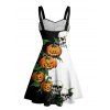 Robe gothique colorblock pour Halloween, mini-robe froncée à imprimé feuilles de citrouille et crânes - Noir S | US 4