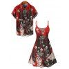 Gothic Couple Outfit for Halloween Skulls Skeleton Blood Print Spaghetti Strap Mini Dress and Shirt Set - Rouge foncé S | US 4