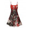 Gothic Couple Outfit for Halloween Skulls Skeleton Blood Print Spaghetti Strap Mini Dress and Shirt Set - Rouge foncé S | US 4