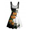 Gothic Couple Outfit for Halloween Colorblock Skulls Pumpkin Leaf Print Mini Dress and Shirt Set - Noir S | US 4
