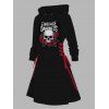 Robe à capuche gothique pour Halloween, mini-robe à lacets et cordons de serrage, imprimé lettres, crânes et roses - Noir S | US 4