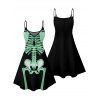 Robe gothique à imprimé squelette pour Halloween, mini-robe à bretelles spaghetti - Vert S | US 4