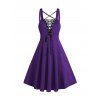 Gothic Women Outfit Lace Up Crisscross Mini Dress and Heart Lace Choker Buckle Straps Boots Set - Pourpre S | US 4