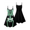 Gothic Couple Outfit Skeleton Print Spaghetti Strap Mini Dress and Shirt Halloween Set - Vert S | US 4