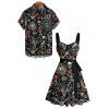 Gothic Couple Outfit Bat Skulls Printed Ruched Bust Mini Belt Dress and Shirt Set for Halloween - Noir S | US 4