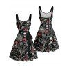 Gothic Couple Outfit Bat Skulls Printed Ruched Bust Mini Belt Dress and Shirt Set for Halloween - Noir S | US 4