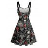 Gothic Couple Outfit Bat Skulls Printed Ruched Bust Mini Belt Dress and Shirt Set for Halloween - Noir S | US 4