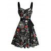 Gothic Couple Outfit Bat Skulls Printed Ruched Bust Mini Belt Dress and Shirt Set for Halloween - Noir S | US 4