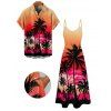 Vacation Couple Outfit for Beach Ombre Coconut Tree Print Pocket Long Dress and Shirt Set - Orange S | US 4
