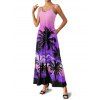 Vacation Couple Outfit for Beach Ombre Coconut Tree Print Pocket Long Dress and Shirt Set - Pourpre S | US 4