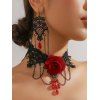 Accessoires gothiques pour Halloween Ensemble ras du cou en dentelle avec chaîne en rose et boucles d'oreilles à pompons - Noir 