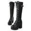 Solid Color Buckle Strap Lace Up Thick Platform Vintage Knee-high Boots - Blanc EU 42