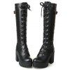 Solid Color Buckle Strap Lace Up Thick Platform Vintage Knee-high Boots - Noir EU 42