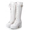 Solid Color Buckle Strap Lace Up Thick Platform Vintage Knee-high Boots - Blanc EU 42