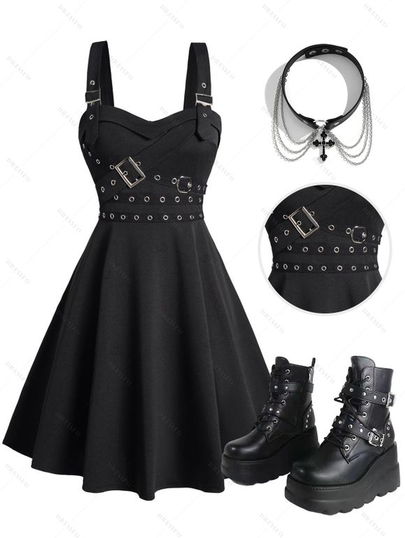 Gothic Women Outfit Grommet Buckle Strap Mini Dress and Chain Rivets Choker Zipper Boots Set - Noir S | US 4