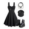 Gothic Women Outfit Grommet Buckle Strap Mini Dress and Chain Rivets Choker Zipper Boots Set - Noir S | US 4