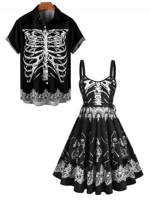 Gothic Couple Outfit Skeleton Print Lace Up Mini Dress and Shirt Set for Halloween