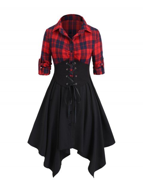 Plaid Print Midi Dress Lace Up Long Sleeve Dress