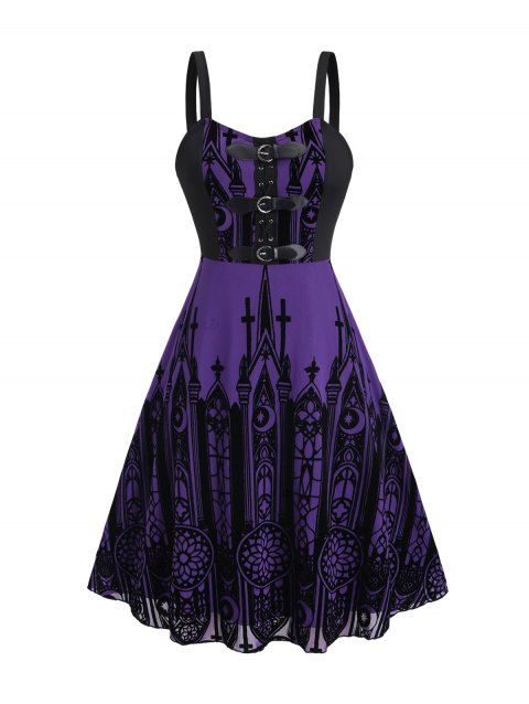 Gothic Dress for Halloween Cross Printed Grommet Buckle Mini Dress