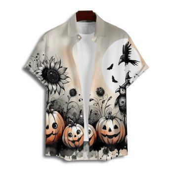 Men's Gothic Shirt Pumpkin Sunflower Bat Print Button Up Shirt for Halloween