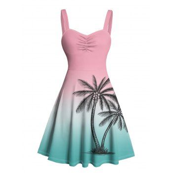 Vacation Dress for Beach Ombre Coconut Tree Print Ruched Bust Mini Dress