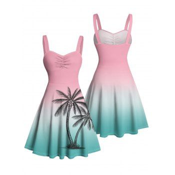 Vacation Dress for Beach Ombre Coconut Tree Print Ruched Bust Mini Dress