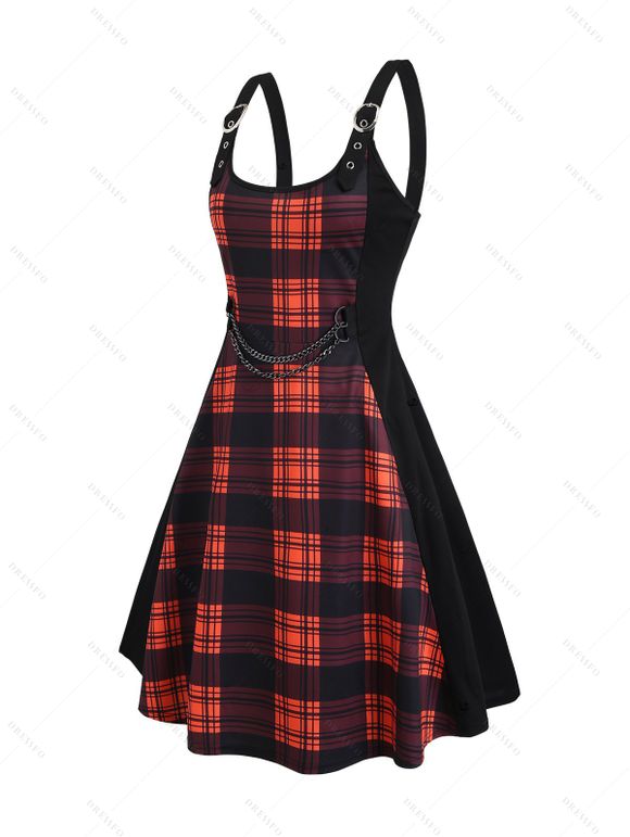 Robe gothique à carreaux, imprimé écossais, bretelles à boucle, ornements en chaîne, mini-robe pour les vacances - Orange L | US 8-10