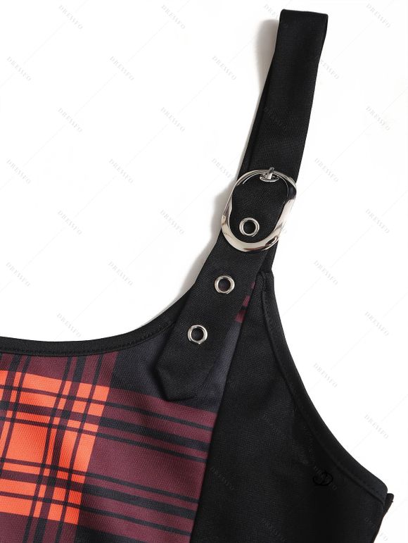 Robe gothique à carreaux, imprimé écossais, bretelles à boucle, ornements en chaîne, mini-robe pour les vacances - Orange L | US 8-10