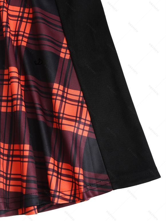 Robe gothique à carreaux, imprimé écossais, bretelles à boucle, ornements en chaîne, mini-robe pour les vacances - Orange L | US 8-10