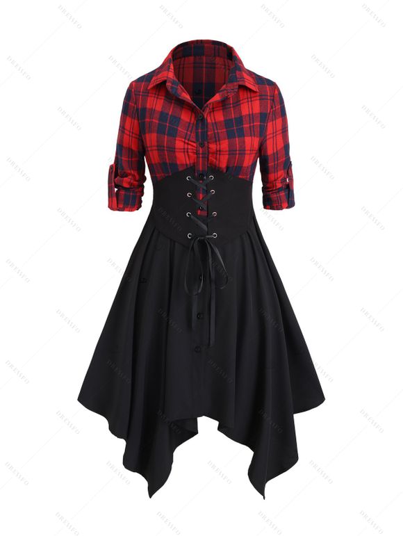Robe mi-longue à carreaux et manches longues à lacets - Noir S | US 4