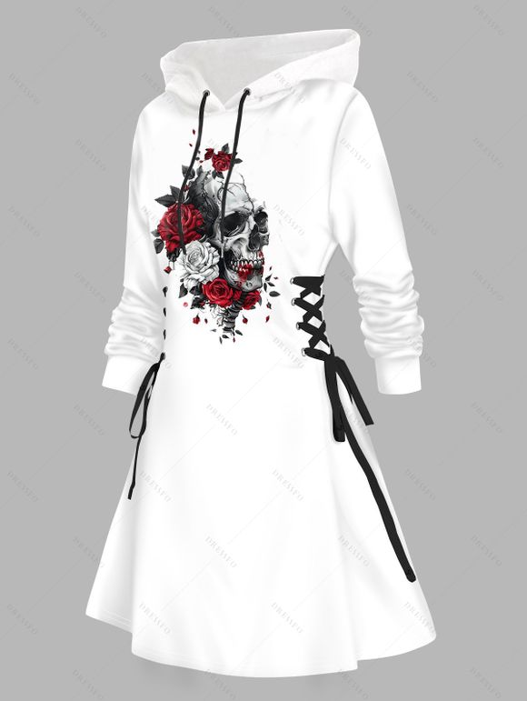 Rose Skull Print Drawstring Hoodie Side Lace Up A Line Hooded Dress - WHITE XXL | US 14