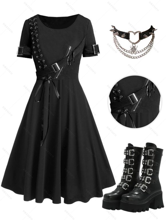 Gothic Outfit Lace Up Mini Dress and Heart Rivet Spider Necklace Boots Set - Noir S | US 4