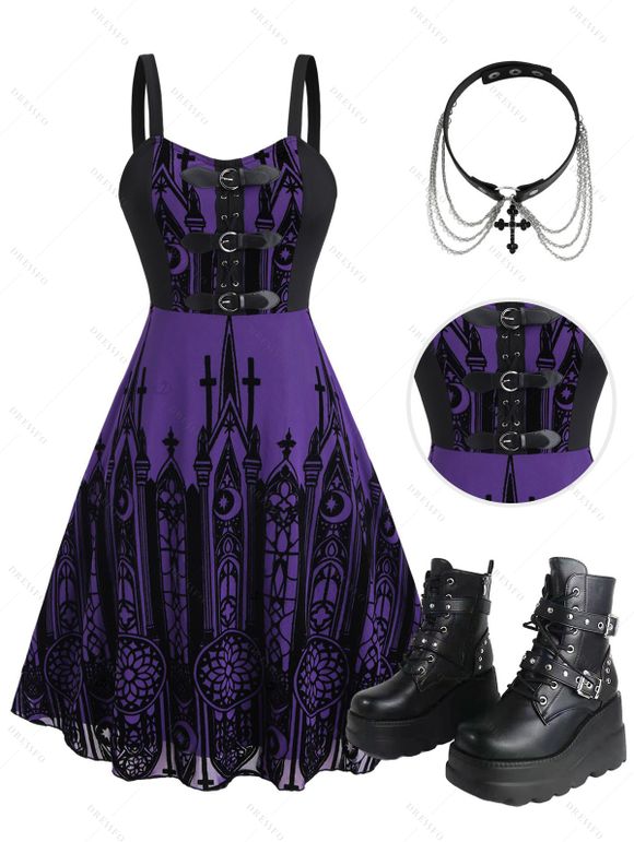 Gothic Outfit Cross Printed Grommet Dress and Rivets Choker Buckle Boots Set for Halloween - Concorde S | US 4