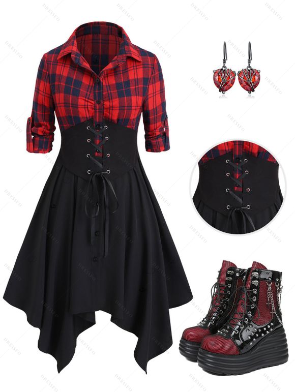 Gothic Outfit Plaid Print Lace Up Midi Dress and Skeleton Earrings Chain Boots Set - Rouge foncé S | US 4
