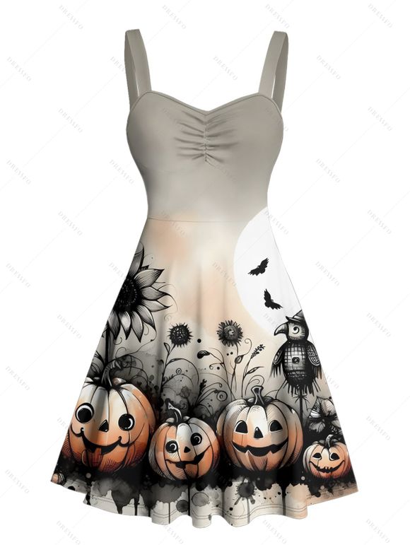 Robe gothique pour Halloween, mini-robe froncée à imprimé citrouille, tournesol et chauve-souris - multicolor S | US 4