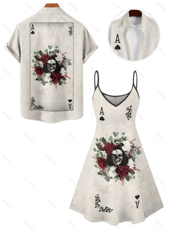 Gothic Couple Outfit Skull Playing Cards Print Spaghetti Strap Mini Dress and Shirt Matching Set - Gris Clair S | US 4