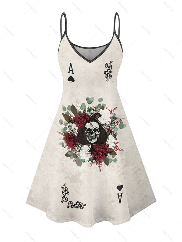 Gothic Couple Outfit Skull Playing Cards Print Spaghetti Strap Mini Dress and Shirt Matching Set - Gris Clair S | US 4