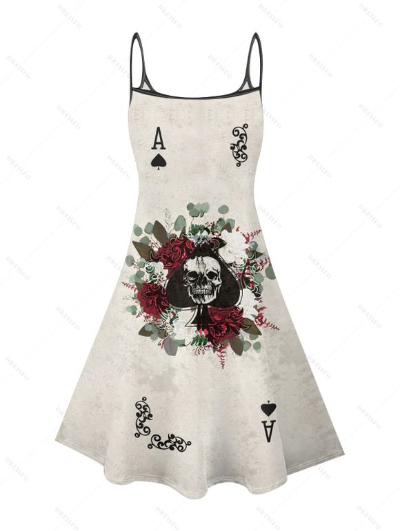 Gothic Couple Outfit Skull Playing Cards Print Spaghetti Strap Mini Dress and Shirt Matching Set - Gris Clair S | US 4