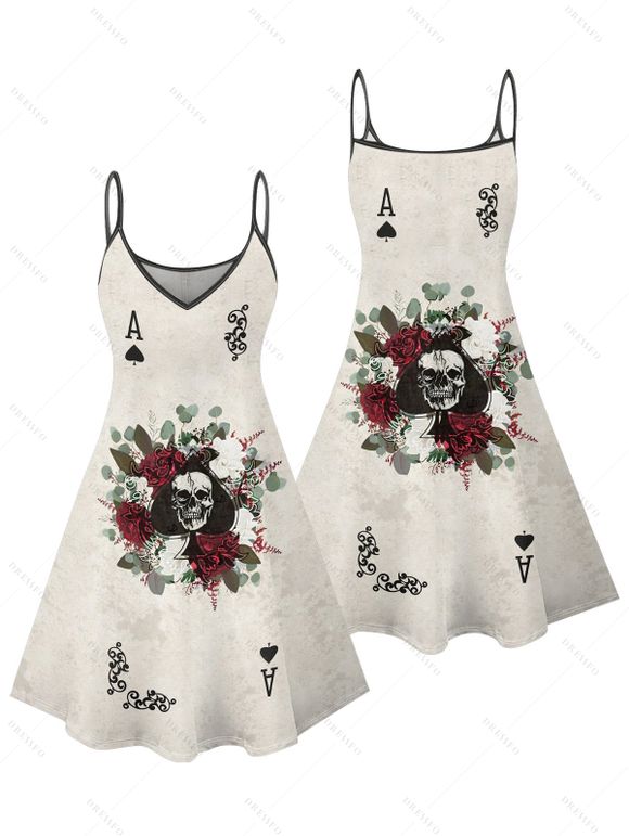 Gothic Couple Outfit Skull Playing Cards Print Spaghetti Strap Mini Dress and Shirt Matching Set - Gris Clair S | US 4
