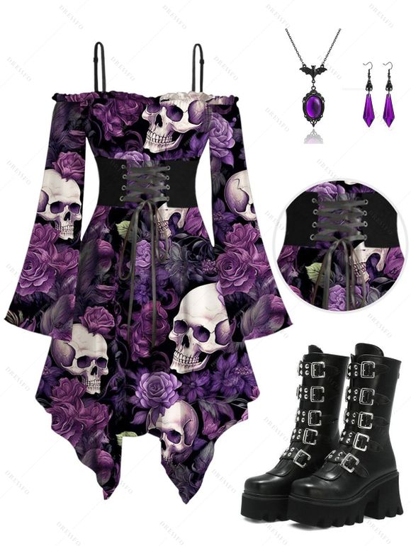 Gothic Outfit for Halloween Skull Rose Print Lace Up Midi Dress and Bat Necklace Earrings Buckle Boots Set - Concorde S | US 4
