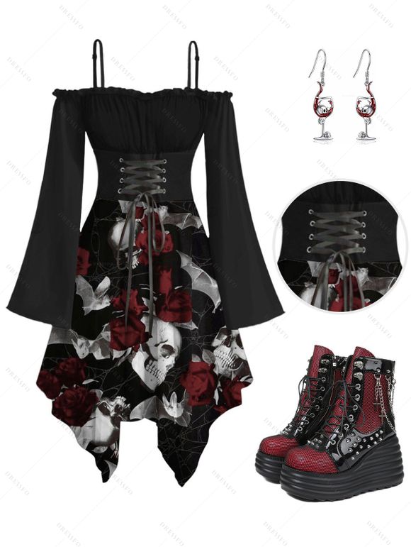 Gothic Outfit Skull Rose Print Lace Up Midi Dress and Earrings Rivet Boots Set for Halloween - Rouge S | US 4