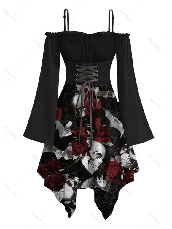 Gothic Outfit Skull Rose Print Lace Up Midi Dress and Earrings Rivet Boots Set for Halloween - Rouge S | US 4
