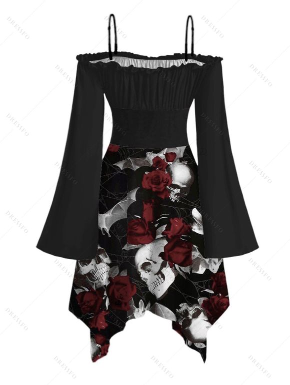 Gothic Outfit Skull Rose Print Lace Up Midi Dress and Earrings Rivet Boots Set for Halloween - Rouge S | US 4