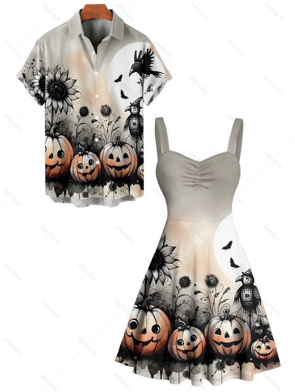 Gothic Couple Outfit for Halloween Pumpkin Sunflower Bat Print Mini Dress and Shirt Set - multicolor S | US 4
