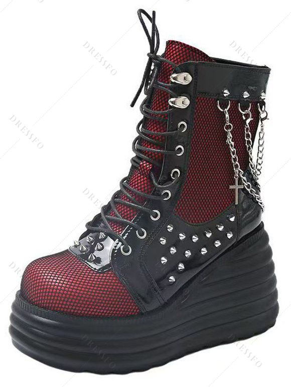 Gothic Outfit Skull Rose Print Lace Up Midi Dress and Earrings Rivet Boots Set for Halloween - Rouge S | US 4