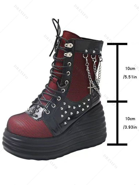 Gothic Outfit Skull Rose Print Lace Up Midi Dress and Earrings Rivet Boots Set for Halloween - Rouge S | US 4