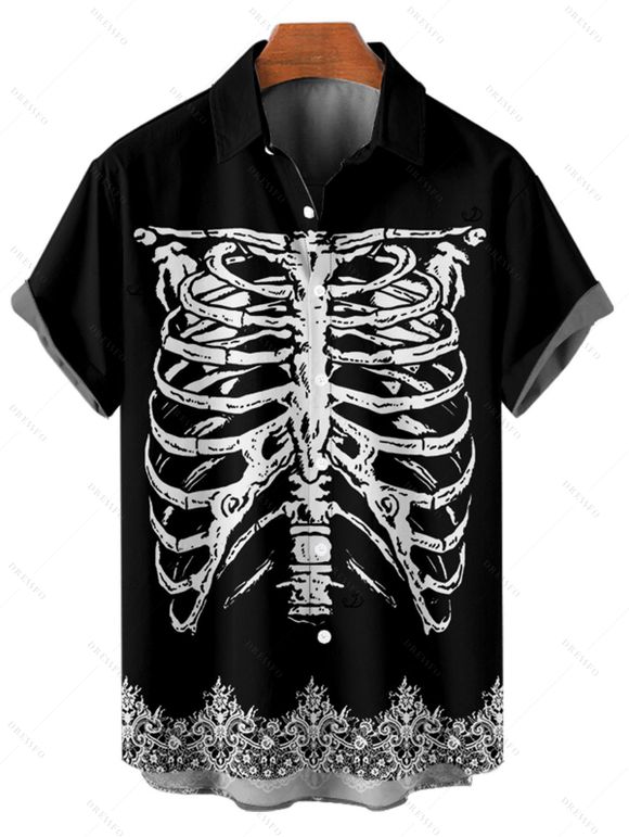 Chemise boutonnée gothique à imprimé squelette pour homme pour Halloween - Noir 5XL